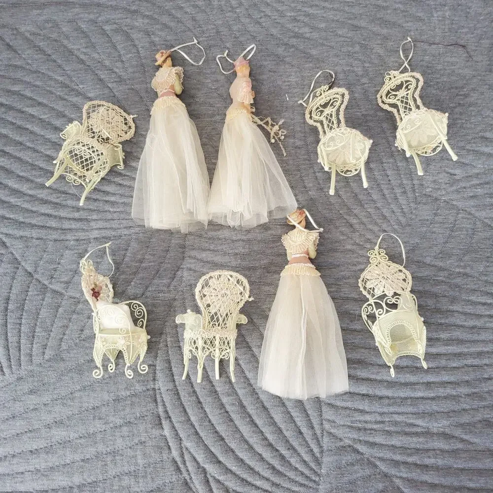 Vintage Victorian Style Ornaments X9 Women & Chairs Handmade Large Off-White Set